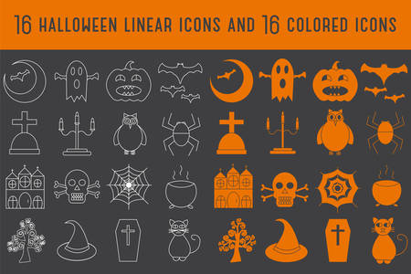 Collection of 16 halloween linear and colored icons. Vector illustration.のイラスト素材