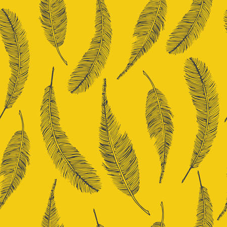 Seamless ethnic pattern with feathers on yellow background. Vector illustration.のイラスト素材