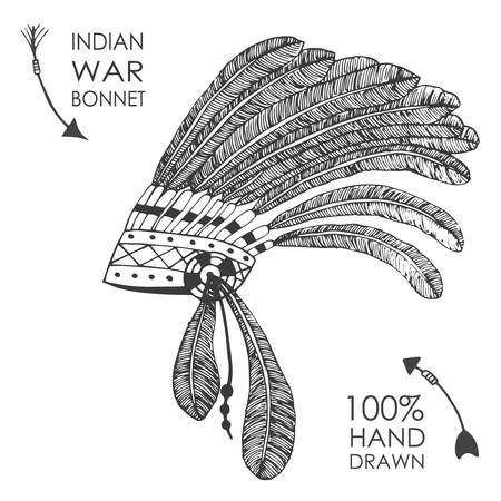 Hand-drawn native American indian chief headdress with feathers. Sketch style. Tribal vector illustration.のイラスト素材