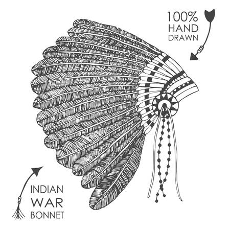 Hand-drawn native American indian chief headdress with feathers. Sketch style. Tribal vector illustration.のイラスト素材