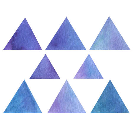 Abstract hand-drawn real watercolor blue and purple triangles. Watercolor wash. Perfect for cards, design, gift.の写真素材