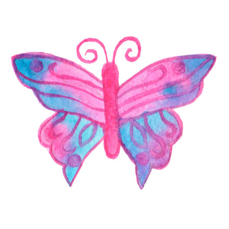 Hand painted real watercolor pink and blue butterfly on a white background. Perfect for postcards, birthday, wedding.の写真素材