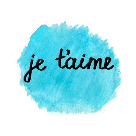 Abstract hand-drawn real watercolor blue spot with quote Je T'aime. Watercolor wash. Perfect for cards, design, gift.の写真素材