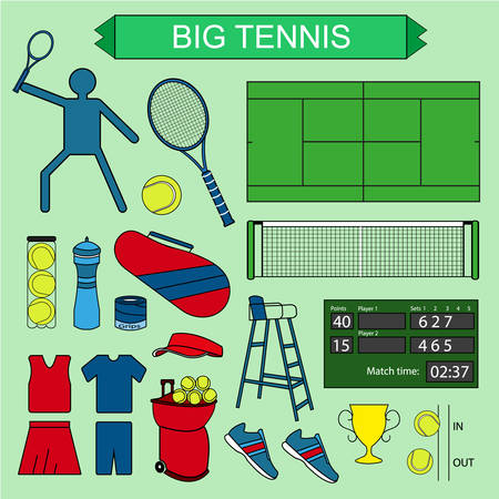 Set of colored big tennis icons. Vector illustration of colored sport symbols in flat style.のイラスト素材