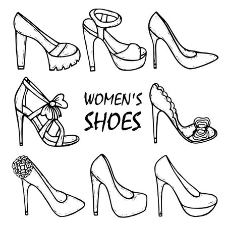 women's high heel shoes, sandals. Fashionable women's shoes. Beauty, trend. Sketch illustration. isolated objects.のイラスト素材