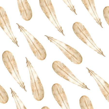 Watercolor feather seamless pattern on white background. Boho style. Perfect for t-shirt design, invitation, wedding cardの写真素材