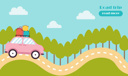 Road trip in flat style. Car with luggage goes on road, around landscape with trees, clouds and sky. Tourism by autoのイラスト素材