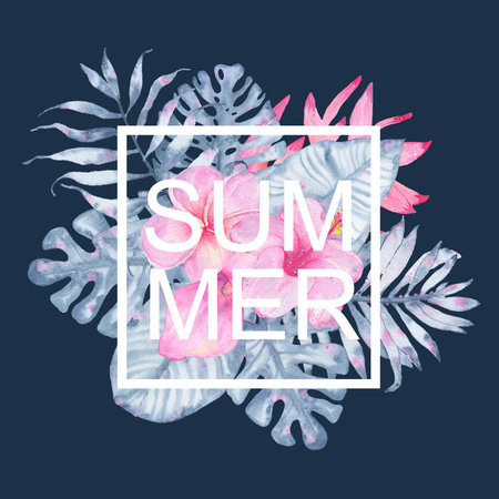 Watercolor hand painted tropical summer pink calla hibiscus frangipani heliconia and leaves of indigo palm monstera card on dark background. Floral illustration with leaves. Botanical artの写真素材