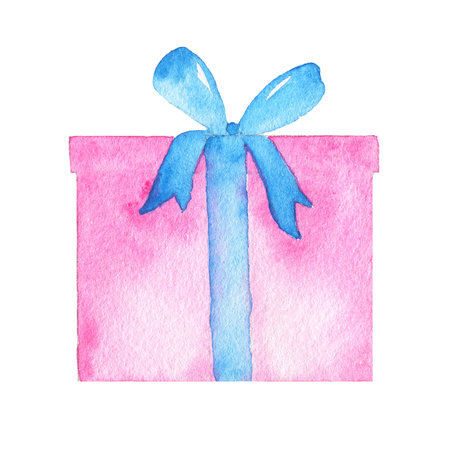 Watercolor hand drawn gift box isolated on white background. Happy birthday party packaging illustrationの写真素材