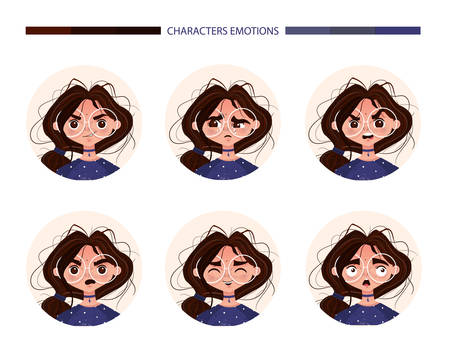 Character emotions avatar cute girl brunette in glasses. Emoji with different woman facial expressions joy crying anger surprise laughter fright. Vector illustration in cartoon styleのイラスト素材