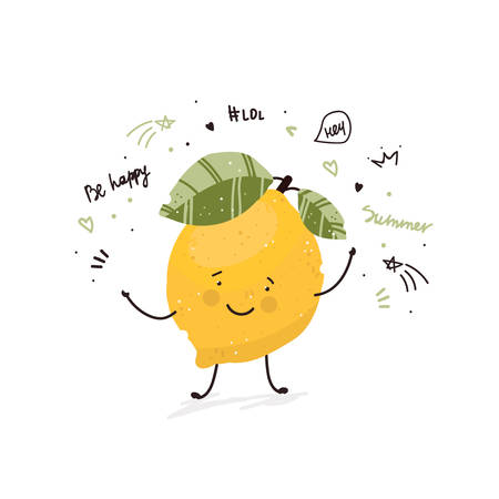 Lemon fruit cute cartoon doodle sketch illustration summer card print t-shirt design hand drawn vector in modern flat styleのイラスト素材