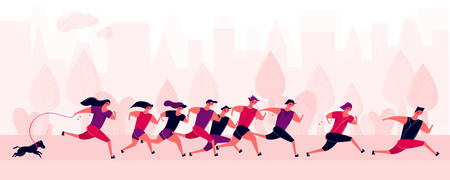 Running people group in motion outdoor park in city. Jogging men women and dog training. Prepare for sport competition marathon health in morning. Vector illustration in cartoon styleのイラスト素材