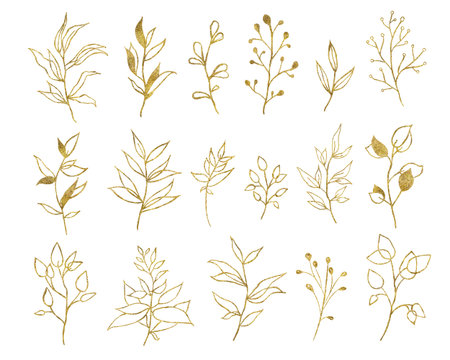 Gold tropical leaves isolated on white background. Floral botanical illustration for cards, wedding invitationsの写真素材