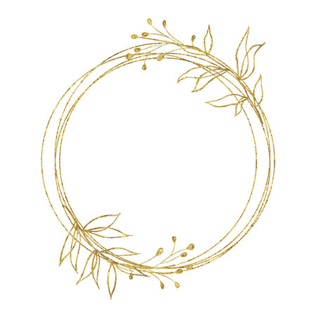 Gold geometrical round oval frame with flower leaves isolated on white background. Illustration for cards, wedding invitationsの写真素材