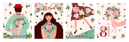International Women's Day. Spring holiday Happy Women's day 8 march. Set of cute greeting card, poster with woman, man and bouquet of flowers roses. Vector illustration templateのイラスト素材