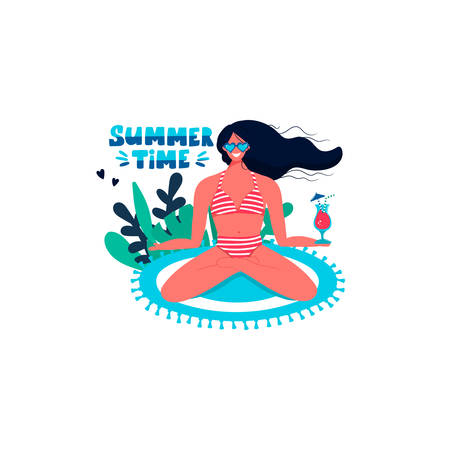 Summer time handwritten lettering text with woman sitting on beach mat in swimsuit with cocktail isolated on white background. Trendy calligraphic composition phrase. Vector illustration in flat styleのイラスト素材