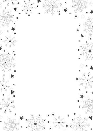 Frame with black hand drawn christmas new year winter doodle icons snowflakes stars isolated. Vector illustration in outline styleのイラスト素材
