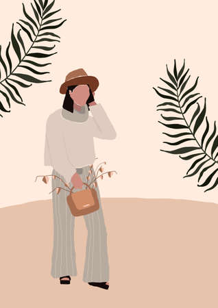 Abstract modern woman in fashion trendy clothes walking on street and talking on phone. Trendy art minimal background poster wall art print. Vector illustration in hand drawn flat styleの写真素材