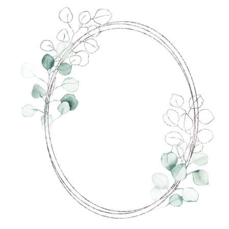 Watercolor silver grey geometrical oval frame with eucalyptus dusty green leaf plant herb spring flora isolated on white background. Botanical greenery illustration for wedding invitation card designの写真素材