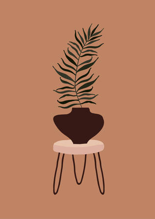 Abstract modern vase with tropical leaf on dark background. Fashion minimal trendy art in paper cut mosaic flat style minimal poster print. Vector hand drawn illustrationのイラスト素材
