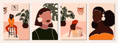 Set of abstract modern woman people faces portraits artistic trendy background templates poster cards. Trendy art minimal background poster wall art print. Vector illustration in hand drawn flat styleのイラスト素材