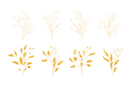 Botanical line art silhouette golden leaves hand drawn pencil sketches isolated on white background. Fine art floral elegant delicate graphic clipart for wedding invitation card. Vector illustrationのイラスト素材