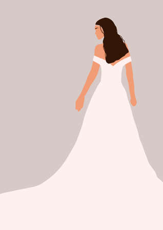 Abstract bride in wedding dress card isolated on light background. Fashion minimal trendy woman in cartoon flat style. Trendy poster wall print decor vector illustrationのイラスト素材