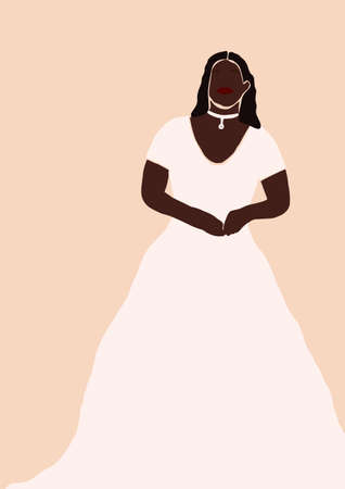Abstract bride in wedding dress card isolated on light background. Fashion minimal trendy african american black woman in cartoon flat style. Trendy poster wall print decor vector illustrationのイラスト素材