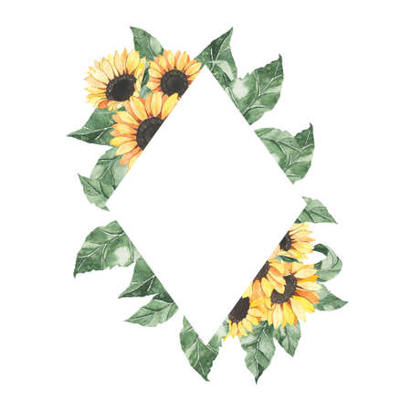 Watercolor summer frame with sunflowers bouquet with green leaves isolated. Floral spring autumn geometric frame blossom boho illustration wedding invitation save the date cardの写真素材