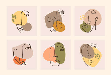 Set of modern abstract faces continuous line. Trendy contemporary faces with various face expressions. Vector illustration in hand drawn outline styleのイラスト素材