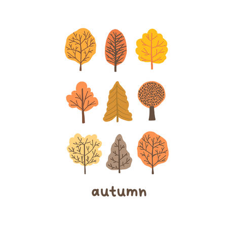Autumn mood greeting card with tiny cute trees poster template. Welcome fall season thanksgiving invitation. Minimalist postcard nature web banner. Vector illustration in flat cartoon styleのイラスト素材