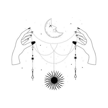 Alchemy esoteric mystical magic celestial talisman with woman hands, sun, moon, stars sacred geometry isolated. Spiritual occultism object. Vector illustrations in black outline styleのイラスト素材