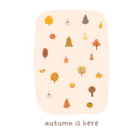 Autumn mood greeting card with tiny trees, pumpkins poster template. Welcome fall season thanksgiving invitation. Minimalist postcard nature. Vector illustration in flat cartoon styleのイラスト素材