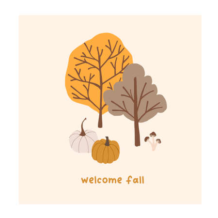 Autumn mood greeting card with cute trees, pumpkins poster template. Welcome fall season thanksgiving invitation. Minimalist postcard nature. Vector illustration in flat cartoon styleのイラスト素材