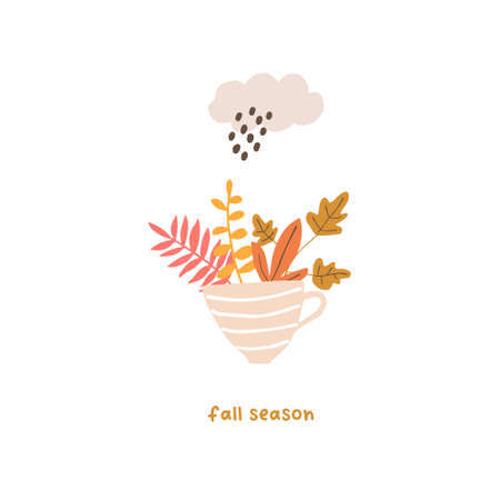 Autumn mood greeting card with cute cup, leaves, rainy cloud poster template. Welcome fall season thanksgiving invitation. Minimalist postcard nature. Vector illustration in flat cartoon styleのイラスト素材