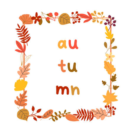 Autumn mood greeting card frame with leaves poster template. Welcome fall season wreath thanksgiving invitation. Minimalist postcard nature. Vector illustration in flat cartoon styleのイラスト素材