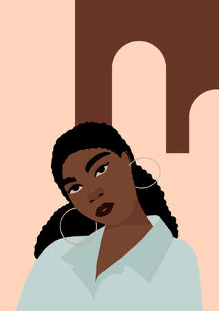 Modern young african american black woman portrait. Fashion minimal trendy female face with dark skin. Trendy minimal poster print. Vector hand drawn illustrationのイラスト素材