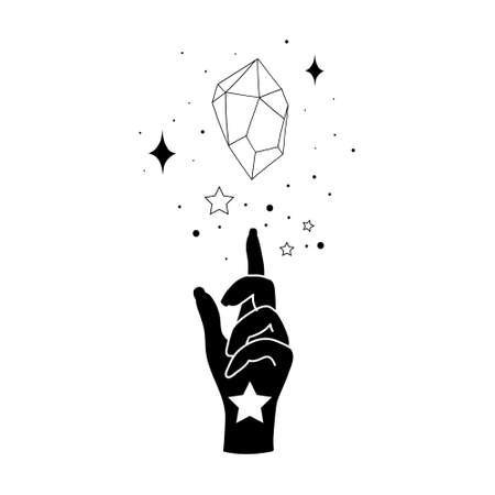 Alchemy esoteric mystical magic celestial talisman with woman hand and crystal sacred geometry isolated. Spiritual occultism object. Vector illustrations in black outline styleのイラスト素材