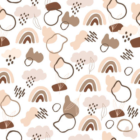 Seamless pattern with abstract shapes, lines, rainbow, rainy cloud. Autumn fall season modern art minimal background. Geometric shapes paper cut mosaic hand drawn flat style. Vector illustrationのイラスト素材