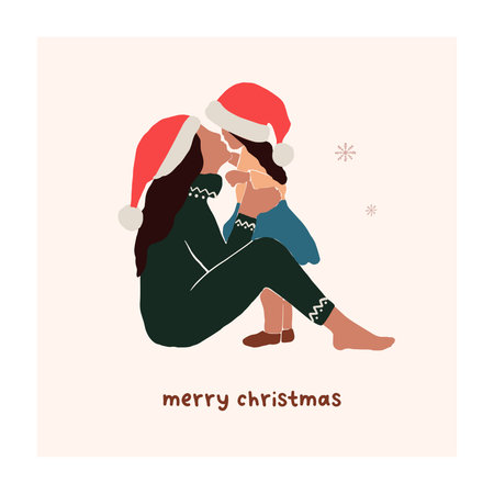 Abstract christmas greeting card with family mother and daughter. Trendy new year winter holiday poster template. Vector illustration in hand drawn flat styleのイラスト素材