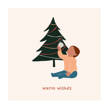 Abstract christmas greeting card with boy kid sitting near xmas tree. Trendy new year winter holiday poster template. Vector illustration in hand drawn flat styleのイラスト素材
