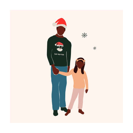 Abstract christmas greeting card with family black african american father and daughter. Trendy new year winter holiday poster template. Vector illustration in hand drawn flat styleのイラスト素材