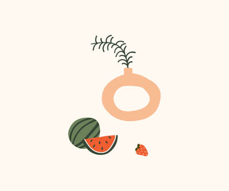 Cute hand drawn modern vase with green leaf, watermelon and strawberry. Cozy hygge scandinavian postcard, poster, greeting card, kids t shirt design. Vector illustration in flat cartoon styleのイラスト素材