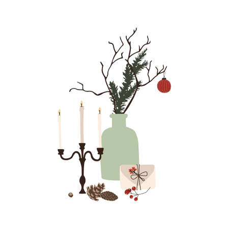 Christmas composition with decor vase and spruce branches, gift box and candles. Winter holiday new year season card. Vector illustration in hand drawn cartoon flat styleのイラスト素材