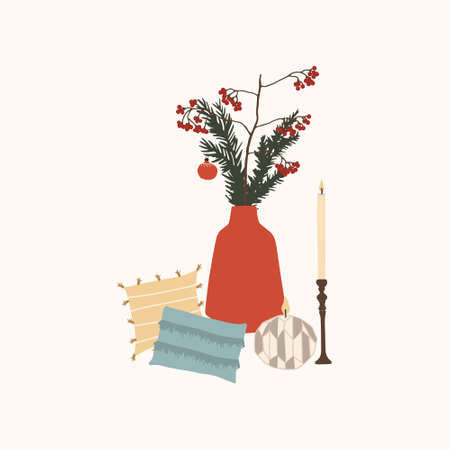 Christmas composition with decor vase and spruce branches, sofa cushions and candles. Winter holiday new year season card. Vector illustration in hand drawn cartoon flat styleのイラスト素材