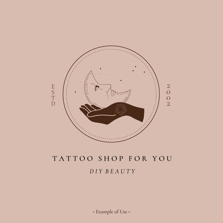 Celestial spiritual alchemy esoteric mystical magic talisman with woman hand, moon, stars sacred geometry tattoo logo template occultism object. Vector illustration line art black outline styleのイラスト素材