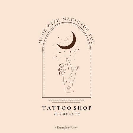 Celestial spiritual alchemy esoteric mystical magic talisman with woman hand, moon, stars sacred geometry tattoo logo template occultism object. Vector illustration line art black outline styleのイラスト素材