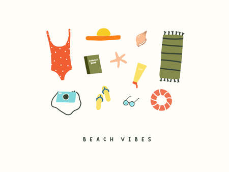 Set of beach summer holiday items swimsuit, hat, beach mat, photo camera, book and slates, lifebuoy. Summer icons vector illustration in flat hand drawn doodle styleのイラスト素材