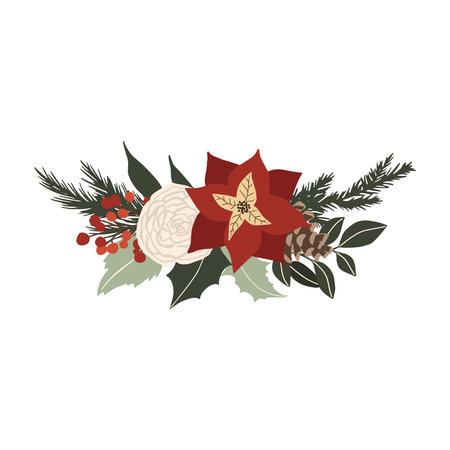 Christmas winter floral bouquet with poinsettia and white rose, spruce branches, pine cone and green leaves. Vector illustration in hand drawn cartoon flat styleのイラスト素材
