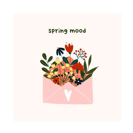 Cute hand drawn spring envelope with blooming flowers, green leaves. Cozy hygge scandinavian style template for postcard, greeting card, kids t shirt design. Vector illustration in flat cartoon styleのイラスト素材